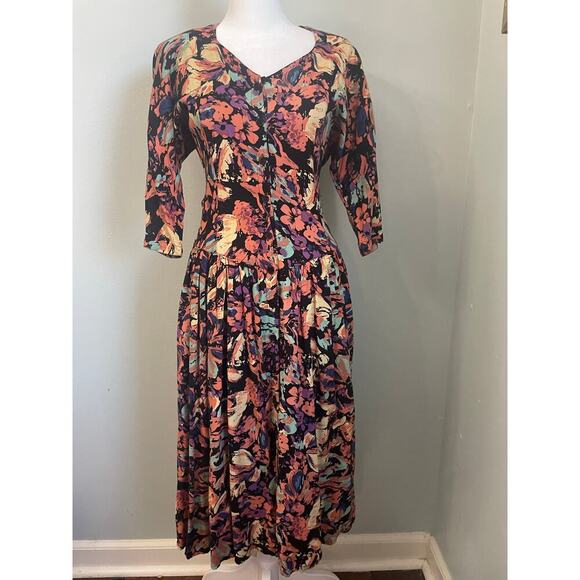 Vintage 90's Starina Creation Paris Floral V-Neck Midi Dress Boho Size Medium - Picture 1 of 9